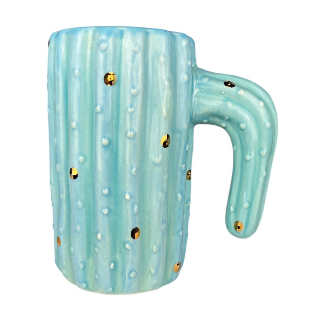 Turquoise Handmade Cactus Mug Ceramic Coffee Cup Gold Accent 12oz